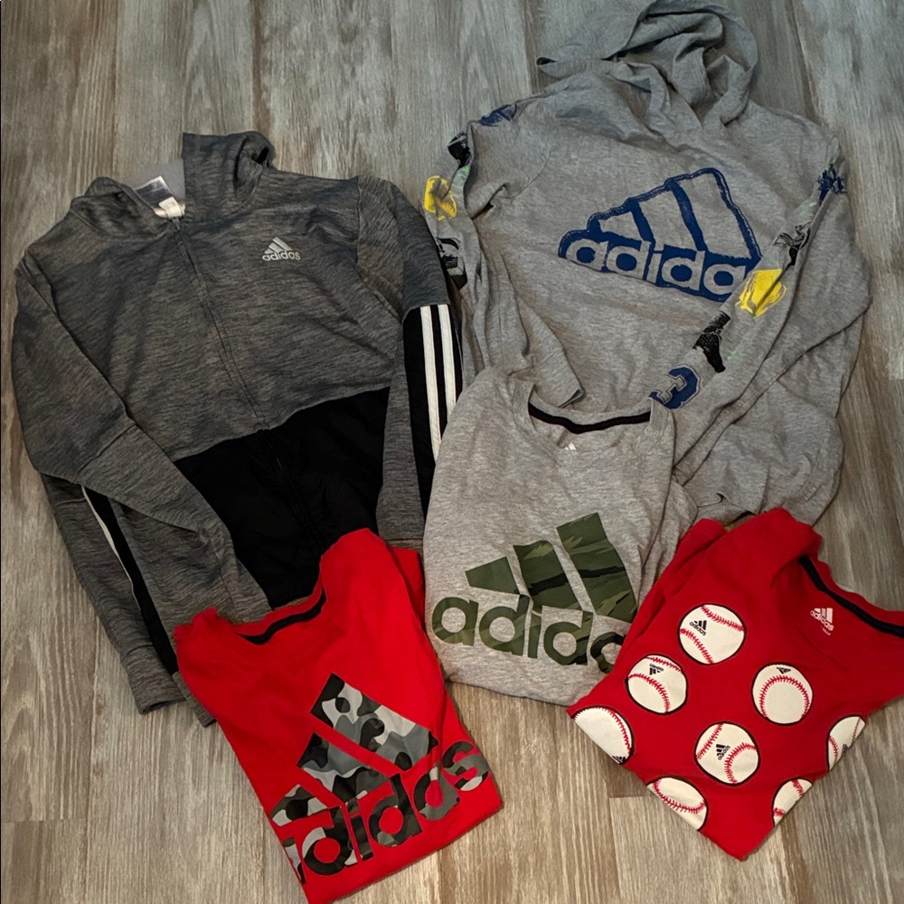 Lot of 5 Adidas Kids' Gray, Black, Red, and Green Hoodie and T-Shirt Set